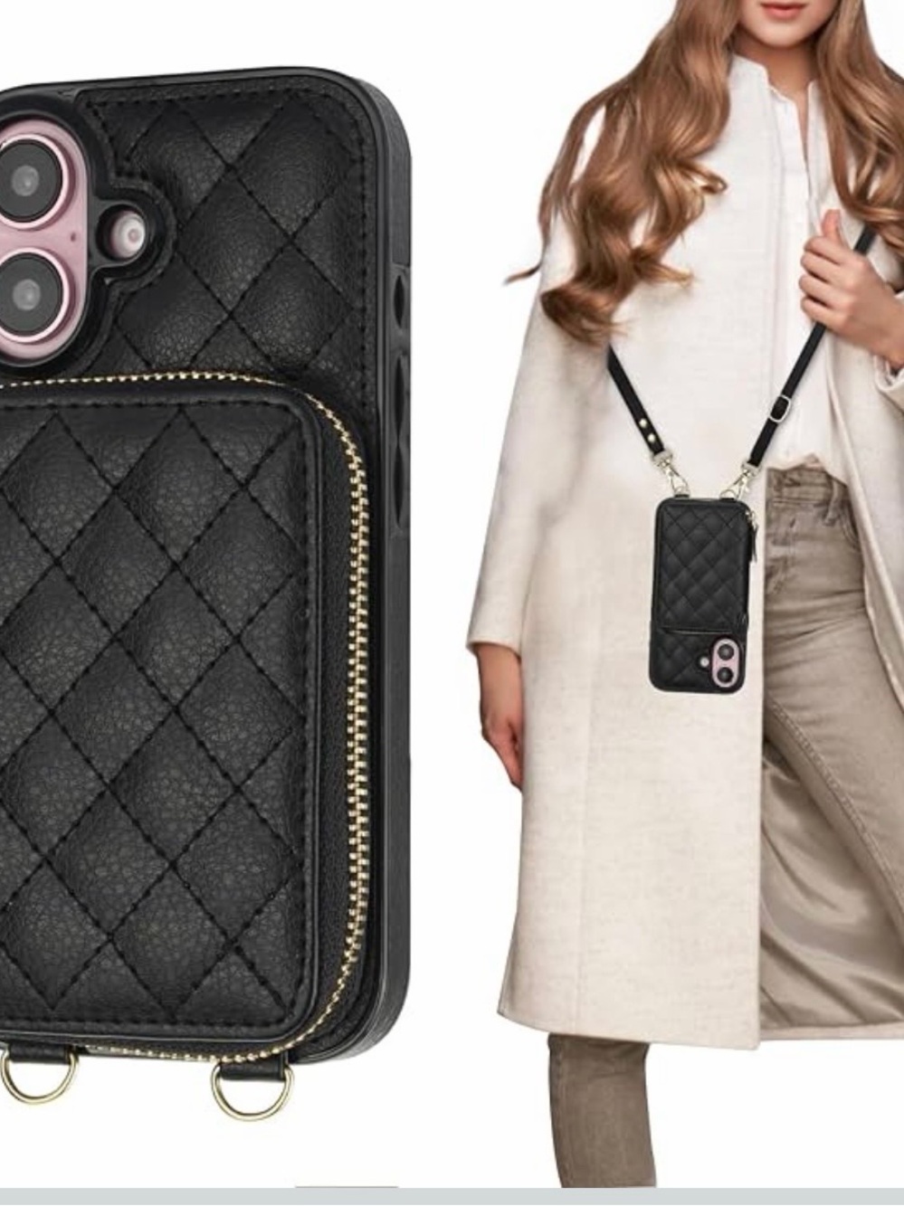 Black Quilted Crossbody Phone Case with Zipper Pocket - Brand